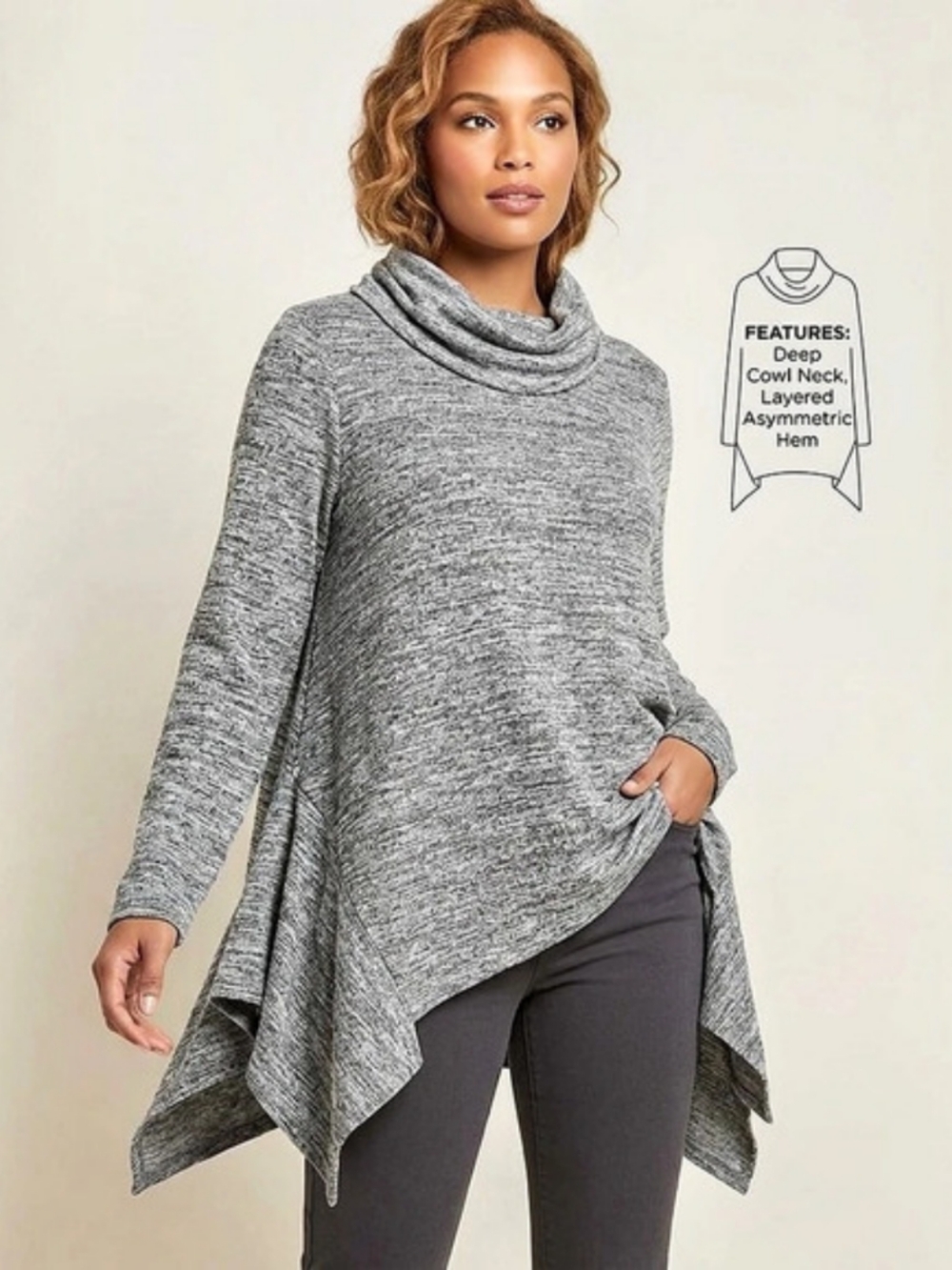 Avon Gray Marled Asymmetric Sharkbite Hem Cowl Neck Sweater - Size L Boho Chic